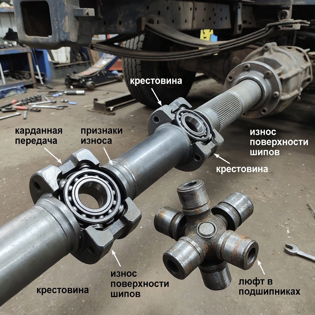 Create a high-quality, relevant image for an article about: ЗИЛ-130: устройство карданной передачи и признаки износа крестовин. Не пиши ничего на фото, либо пишу на русском строго, проверяя все слова