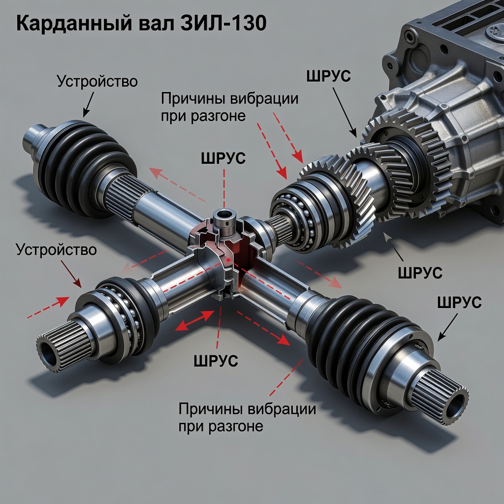 опоры двигателя и кардан illustration for Карданный вал ЗИЛ-130: устройство, Ш