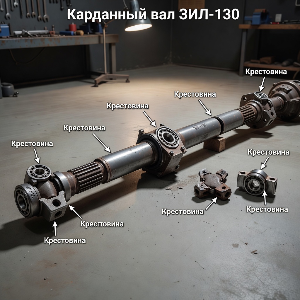 Create a high-quality, relevant image for an article about: Карданный вал ЗИЛ-130: устройство и причины вибрации при разгоне. Не пиши ничего на фото, либо пишу на русском строго, проверяя все слова